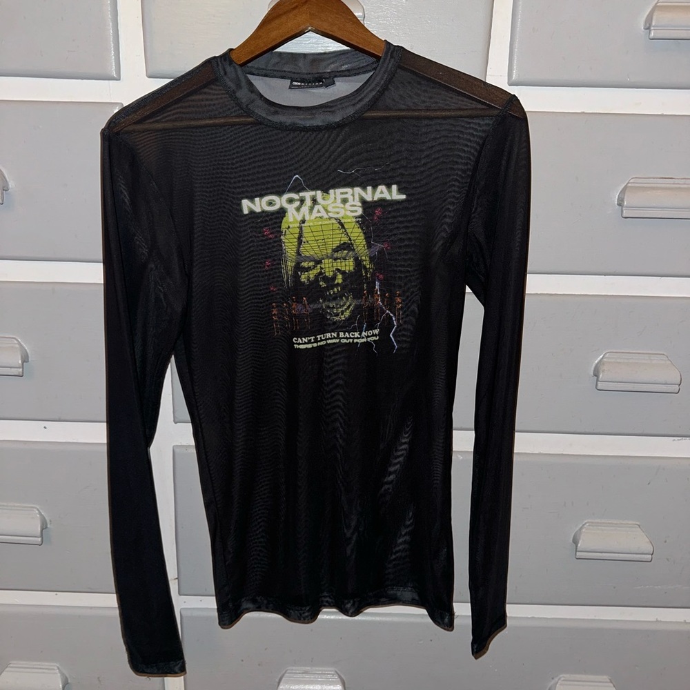 Black Long Sleeve Mesh Tee with Graphic Design